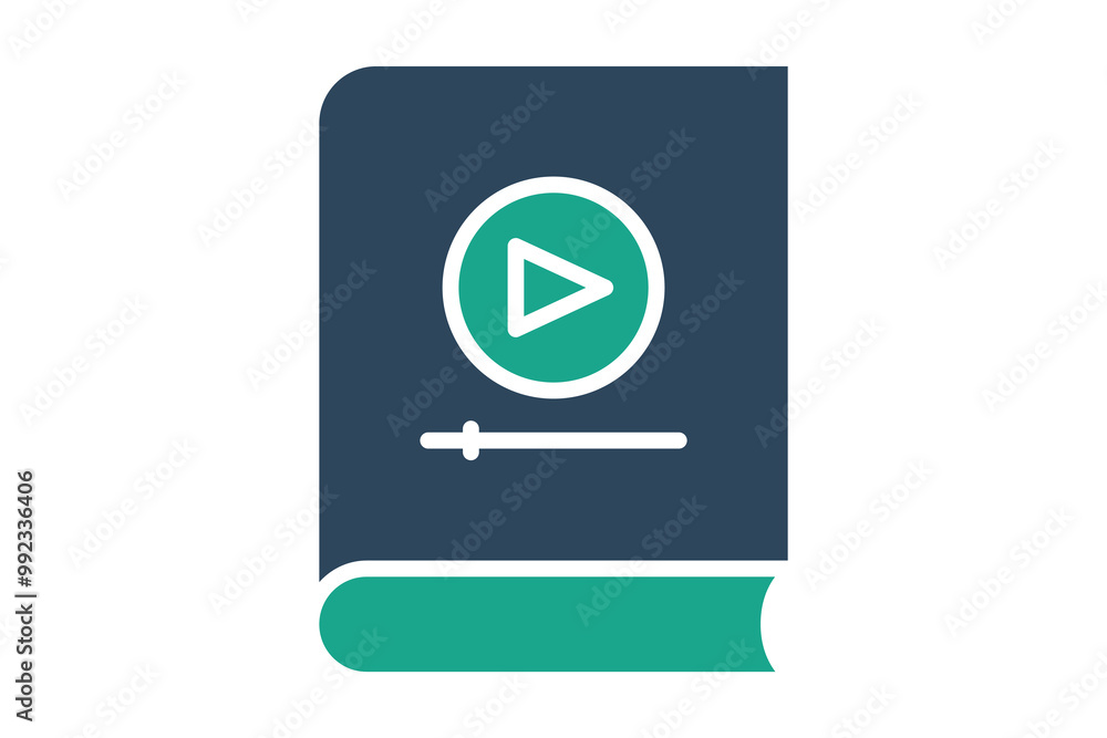 Aufkleber tutorial icon. solid icon style. book with play sign. icon related to online course. education eleme