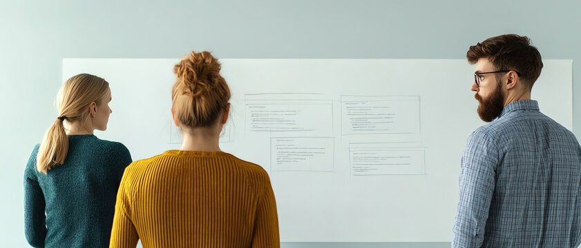 Team of developers in a meeting room with whiteboard sketches of a website, collaborative design process, creative brainstorming