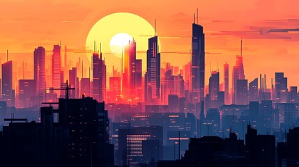 Fototapeta premium A Futuristic City Skyline at Sunset with a Large, Red Sun