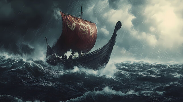 Viking ship. drakkar. viking ship sailing in storm at sea. viking boat. a viking ship sailing across a stormy sea, with waves crashing against the hull. illustration. Epic Quest. Illustration