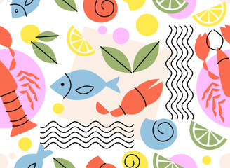 Seamless pattern with seafood. Repeating design element for printing on fabric. Crabs, shrimps and fish with lemon slices. Traditional oriental cuisine. Linear vector illustration
