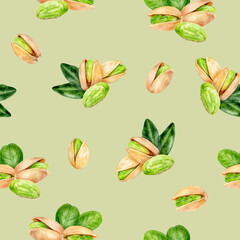 Hand-Painted Watercolor Pistachios and Leaves Seamless Pattern