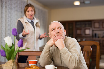 Frustrated aged man sitting separately at home while dissatisfied woman angrily rebuking him....