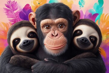 A playful chimpanzee and two sloths, all with wide, curious eyes, cuddled together with colorful watercolor splashes in warm jungle hues behind them
