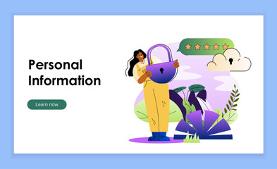 Woman with personal information. Young girl with huge padlock in her hands. Security of personal data. Safety on internet, antivirus. Landing webpage design. Flat vector illustration