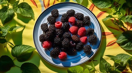 Boysenberries arranged circle pastelcolored plate vibrant napkins and glasses of lemonade blurred in the background creating a fresh and lively summer vibe Scientific name Rubus ursinus Rubus idaeus
