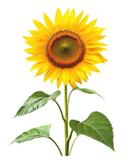 Obraz premium Bright sunflower with green leaves, white isolate background