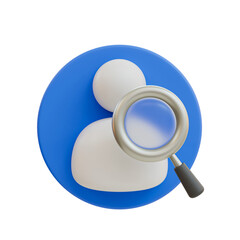 3D illustration of a magnifying glass focusing on a user symbol, representing user search or profile lookup.