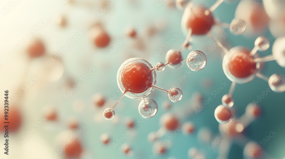 Poster abstract representation of molecular structure with red and clear spheres connected by thin bonds