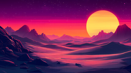 Fototapeta premium Vibrant cyberpunk desert landscape with violet sky , cyberpunk, landscape, desert, violet, sky, futuristic. Futuristic Wasteland. Illustration