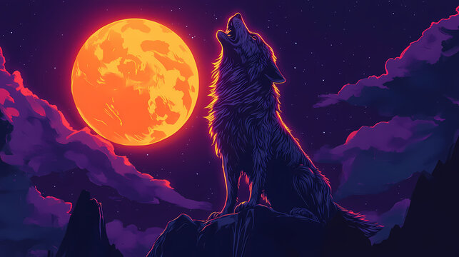 Vibrant werewolf transforming under a full moon: mesmerizing wolf howling at the moon vector illustration. Fenrir. Illustration