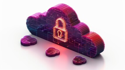 Neon Cloud Computing Security Concept. 3D Render of Cloud with Padlock and Digital Circuitry.