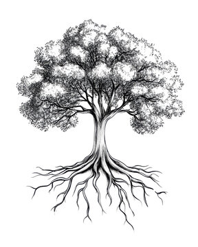 recommend clip art: Intricate black and white tree design with detailed roots.
