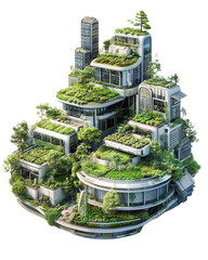 Obraz premium Futuristic green architecture with rooftop gardens, white isolated.