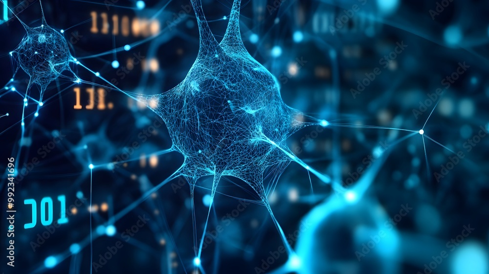 Poster a blue 3d render of a neural network with blurred background