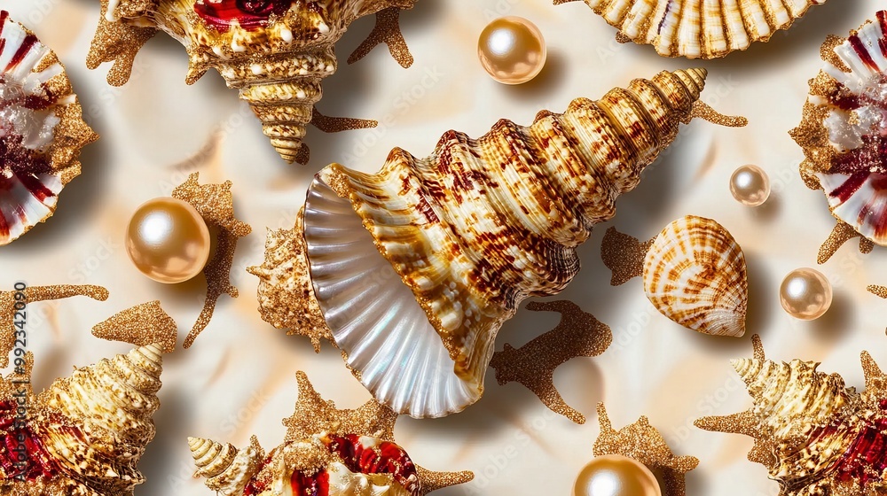 Poster A collection of seashells and pearls on a white background.  The shells are arranged in a random pattern, creating a visually appealing composition.