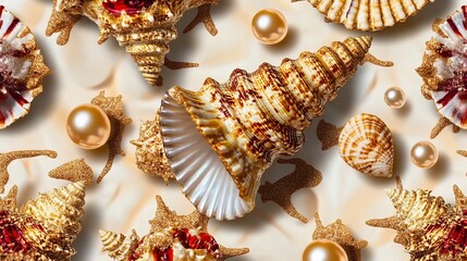 Obraz premium A collection of seashells and pearls on a white background. The shells are arranged in a random pattern, creating a visually appealing composition.