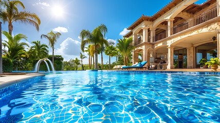 Fototapeta premium Swimming pool in a luxury villa on sunny day with blue sky