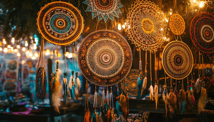 Obraz premium A collection of mandalas, dreamcatchers, and earthy tones, with intricate patterns and a warm, laid-back atmosphere