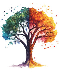 Obraz premium Half green, half orange tree in a colorful design, white background