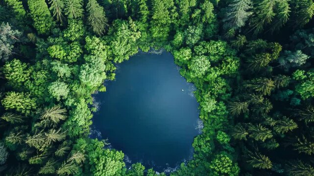 arial view of a lake in the middle of a green forest