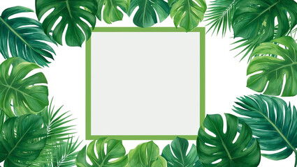 This tropical background features lush green monstera and palm leaves arranged around the edges, with a blank white center, creating a modern and vibrant nature-inspired design.