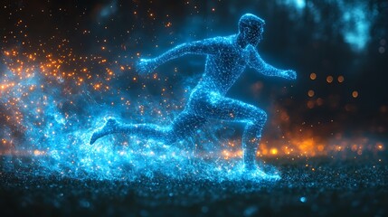 Naklejka premium Blue digital soccer player with glowing data, artificial intelligence into athlete performance analysis and training, enhancing player skills, strategy, and overall team performance design 