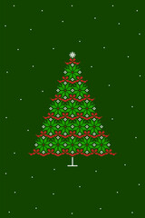Traditional red green knit style Christmas tree Vector Poster. Retro Holiday fir tree with nordic star and bows motif.