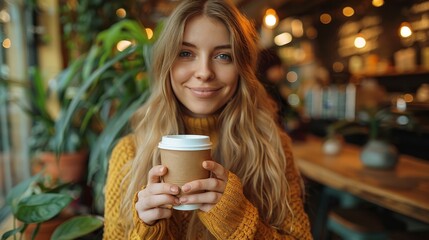 Beautiful Young Woman with Long Blonde Hair Smiling and Holding a Coffee Cup in a Cafe
