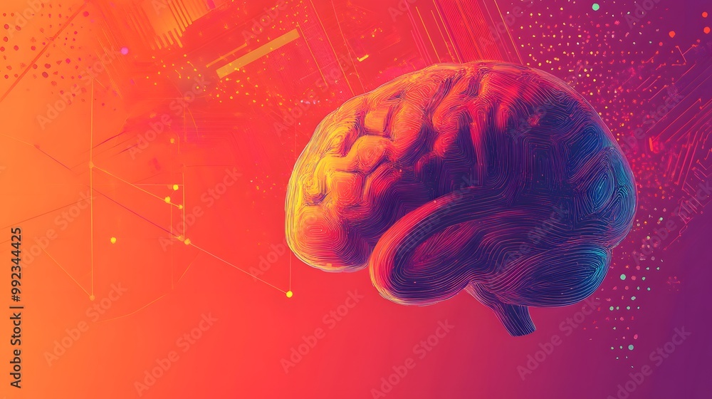 Poster abstract digital rendering of a brain with a colorful background