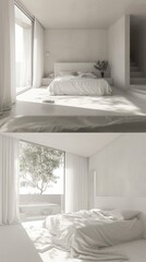 Minimalist white bedroom with large windows
