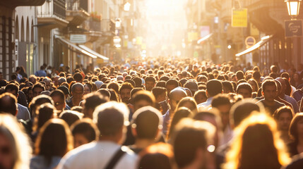 Crowded urban street scene with diverse faces representing various age groups and ethnicities, symbolizing demographic diversity and multiculturalism, with ample copy space for text or design elements