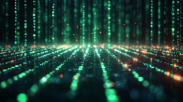 Abstract binary computer code pattern with green glow.