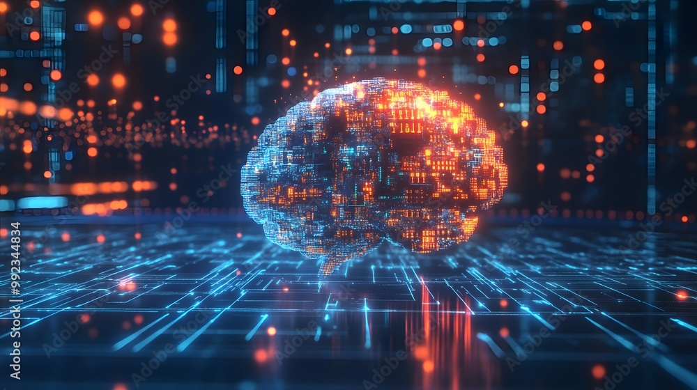 Aufkleber digital brain with glowing circuits and bokeh lights