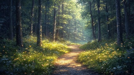 Obraz premium Sunlit Forest Path with Wildflowers and Butterflies