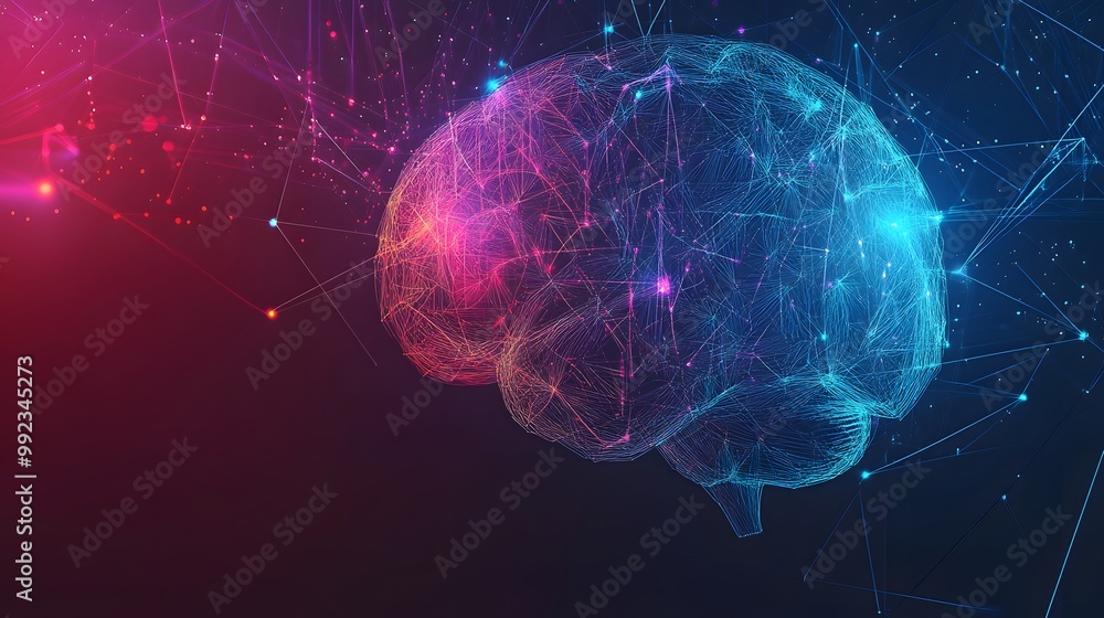 Poster a digital representation of a human brain with interconnecting lines and dots