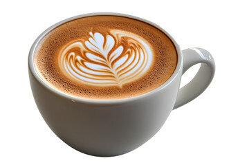 A white coffee cup with a brown swirl pattern on it