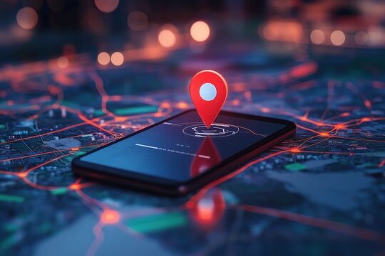 Geofencing and location-based marketing concept with a digital map, location pin, and mobile device