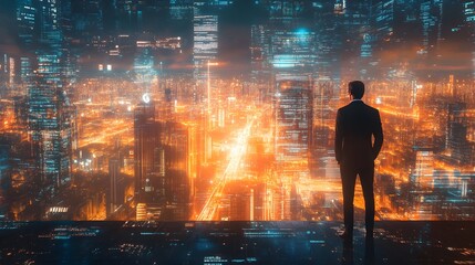 Business man on future network city. 