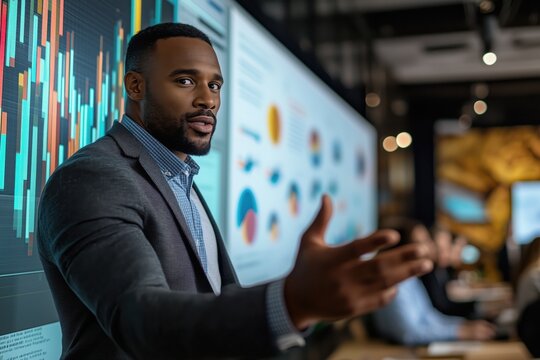 photo of african american man leader presenting a financial data and strategies in a modern office with charts and graphs displayed on a large screen - Powered by Adobe