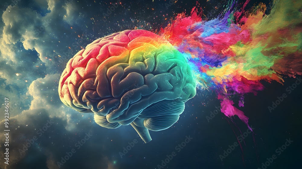 Poster a human brain with colorful smoke exploding from it