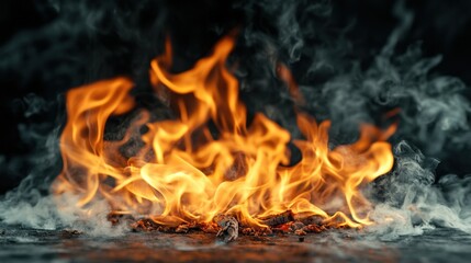 Burning Embers With Smoke and Flames on Black Background