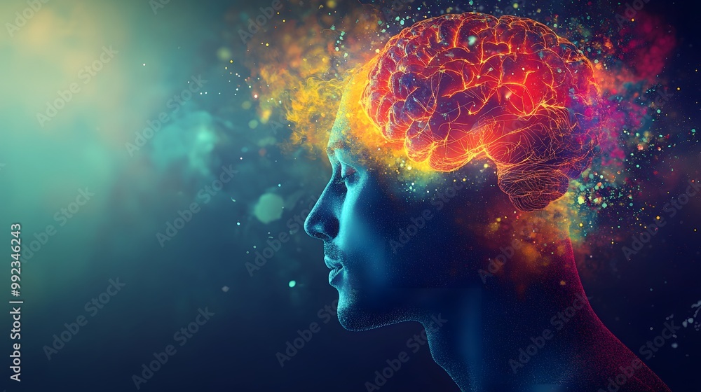 Poster a profile of a person with a glowing brain surrounded by colorful particles.