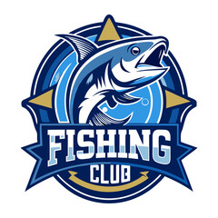 Fishing Club Logo: A vibrant and dynamic logo design featuring a leaping fish, a golden star, and the words "Fishing Club" on a blue and gold circular backdrop. The design evokes a sense of adventure.