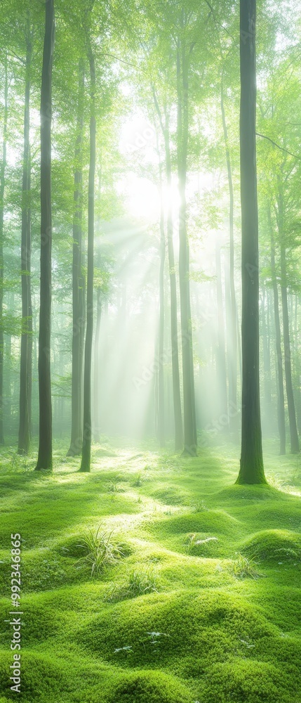 Wall mural a forest with a path through it and sunlight shining through the trees