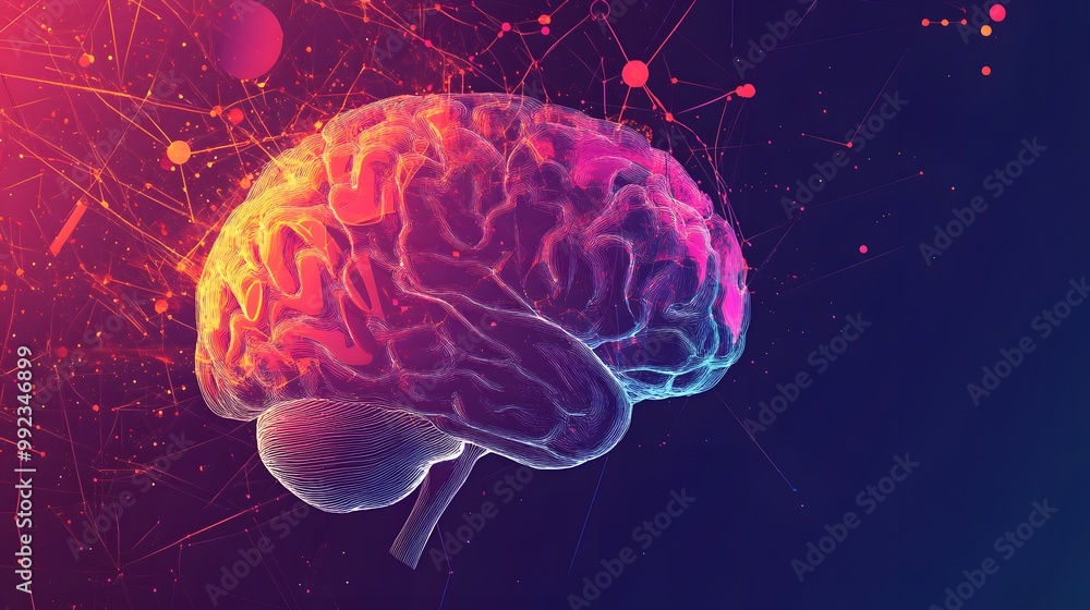 Aufkleber digital representation of a human brain with neon lights and a network of lines