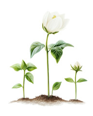 Flower growth stages on white isolated background.