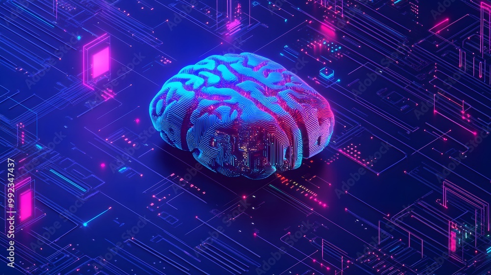 Aufkleber a neon-colored brain embedded in a digital network