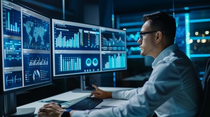 An analyst uses a computer and dashboard for data business analysis and Data Management System with KPI and metrics connected to the database for technology finance, operations, sales, marketing