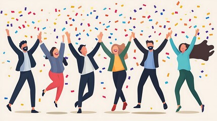 Group of Happy People Celebrating with Confetti